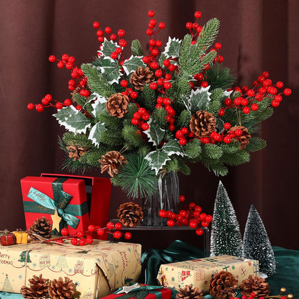 141 Pcs Christmas Artificial Pine Picks Set, DIY Crafts Red Berry Stems Branches Pine Needles Accessories Set for Christmas Tree Wreath Garland Decorations