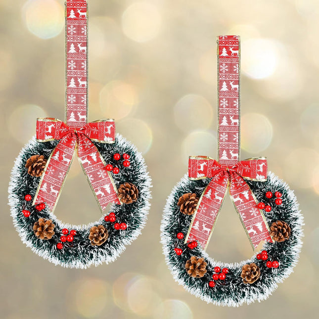 Tigeen 2 Pcs 11" Mini Christmas Wreaths Small Cabinet Wreath for Kitchen Artificial Decorative Hanging Wreath Christmas Kitchen Decor with Ribbon for Xmas Holiday Outdoor Indoor Front Door