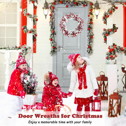 Winter Wreaths for Front Door, Outdoor Christmas Wreath Large White Xmas Reef Decorations with Snow Flocked Pine Red Berry 16" 20 inch Handmade Premium Holiday Indoor Outside Decor