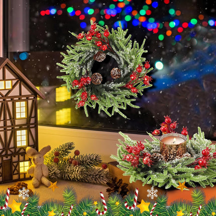 8 Pcs Christmas Candle Rings Artificial Berries Pine Cone Candle Ring 10 Inch Wreaths Rustic Christmas Candle Holder Rings for Pillar Table Centerpiece Decoration Wedding Holiday