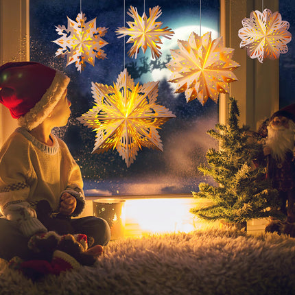 6 Set 19.69 in 3D Christmas Paper Snowflake Lantern with 8 Mode LED String Light with Remote Out Hollow Paper Snowflake Lantern Xmas Hanging Pendant Lampshade Frozen Party Hanging Decor