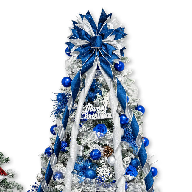 Christmas Tree Topper Bow, 53x13 Inches Large Christmas Bow with Glitter Streamer, Decorative Ribbon Bows for Xmas Tree Wreath Door Festival Home Decor(Blue & Silver)