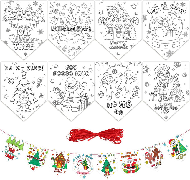 Yeaqee 40 Pcs Christmas Coloring Banner with Red Ribbon Winter Coloring Ornaments Crafts for Kids Santa Claus DIY Hanging Bunting for Xmas Tree Garland Fireplace Party Decorations