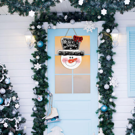 Whaline Christmas Snowman Wooden Hanging Sign Let It Snow Door Hanger Sign Xmas Winter Holiday Welcome Wreath Sign with Buffalo Plaid Bow for Indoor Outdoor Home Farmhouse Wall Window Decor