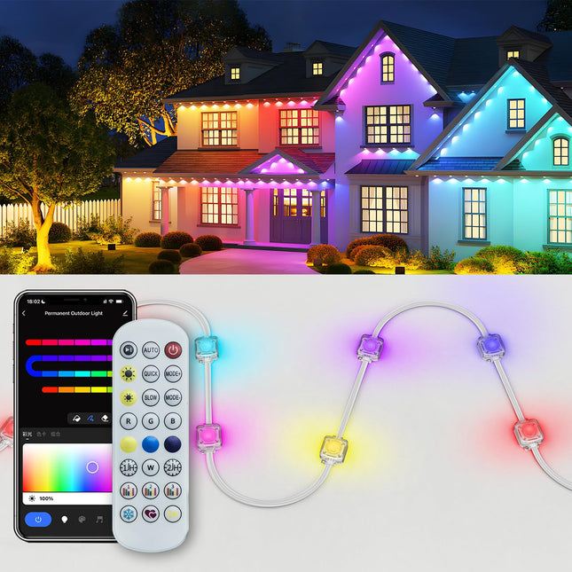 Smart Permanent Outdoor Lights for House, 50ft RGB+IC Permanent Christmas Lights outdoor, IP67 Waterproof with 54 Scene, for Halloween Christmas All Holiday Decor, Work with Alexa, Google Assistant