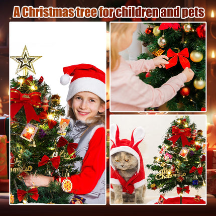 Aoriher 24" Mini Christmas Tree Set with Lights Tabletop Boxes Hanging Ornaments 15" Miniature Red Plush Tree Skirt Plush Christmas Tree Mat for DIY Christmas Decorations Home Bedroom