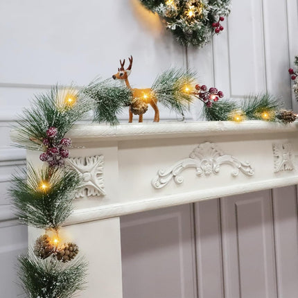 [Timer & Lighted]6 Ft Prelit Christmas Garland with Lights Snowy Cedar Garland Battery Operated 12 Bristle Pine 48 Red Berry 6 Pinecones Xmas Decor Flocked Christmas Garland for Mantle Winter Holiday