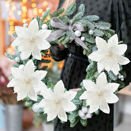 Xinnun 40 Pcs Christmas Tree Decorations 5.5 Inch Poinsettias Artificial Flowers Ornaments Xmas Flowers with Stems for Wedding Party Wreath Decoration Wedding Home(White)