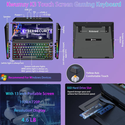 Kwumsy K3 Touchscreen Gaming Mechanical Keyboard -13"Portable Multifunctional Split Keyboard, US 82Keys RGB LED Backlit N-Key Compact Keyboard, Plug and Play for Windows Mac,75° Foldable Screen Angle.
