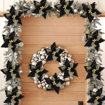 SHACOS 10 pcs 7.8" Artificial Black Gold Christmas Poinsettia Flowers Clips on Glittery Velvet Floral Picks Christmas Tree Ornaments Wreath Garland Decoration