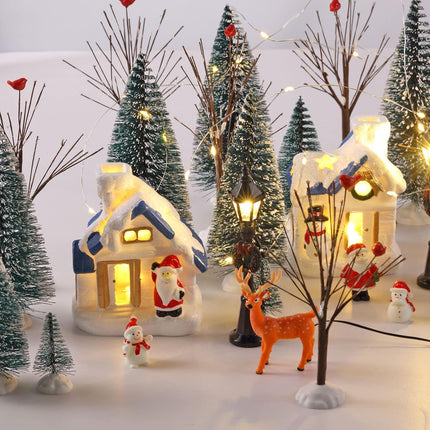 Namalu 34 Pieces Christmas Village Houses Set, Mini Christmas Trees Christmas Accessories Set Santa Snowman Street Lamps for Christmas Village Miniature Town Home Table Top Decoration(Cute Style)
