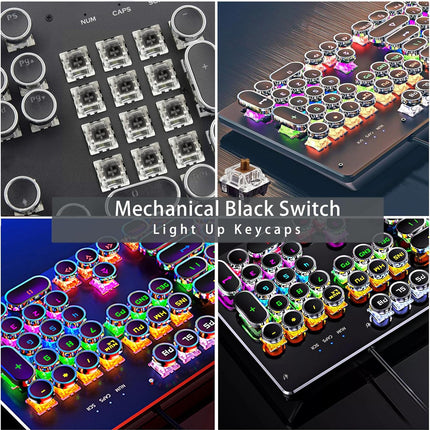 Basaltech Typewriter Keyboard, Mechanical Keyboard with LED Backlight, Steampunk Keyboard with 104-Keys Round Keycaps, Black Switch Wired Keyboard for Computer or Mac