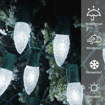 C9 LED String Lights, 100FT Shatterproof LED Christmas Strawberry String Lights, Connectable Waterproof Outdoor White Lights for Roofline, Christmas, Indoor, Garden, Yard, Tree, Green Wire
