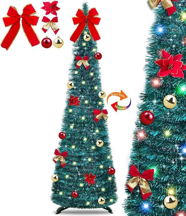 TURNMEON 5 Ft Pop Up Christmas Tree Tinsel 50 Warm White & Colorful Change Lights 8 Modes Timer Christmas Balls Bow Flower Battery Operated Pencil Slim Tree Holiday Party Christmas Decoration Indoor