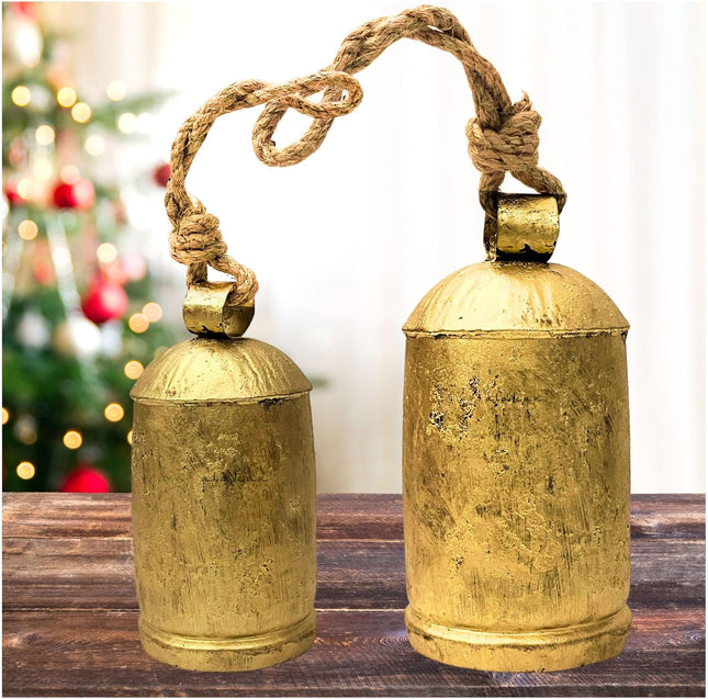Rustic Decorative Bells Set of 2 - Giant Harmony Cow Bells | Handmade Vintage Christmas Bells Huge Golden Cowbell Country Style Jute Rope Hanging Bell Wall Decor (2X Harmony Bells 8"-10")