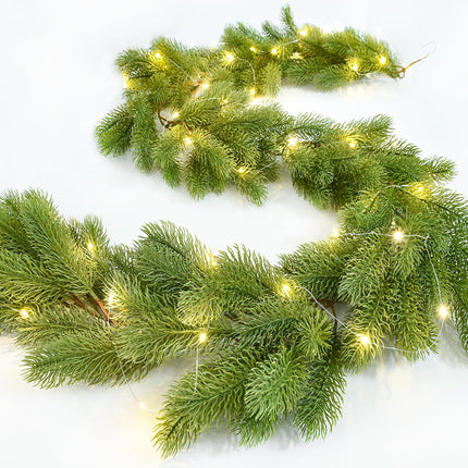 Christmas Pine Garland with 50LED Lights and 24pcs Balls, 6Ft Christmas Greenery Garland Realistic Cedar Artificial Cypress Garland for Holiday Mantel Fireplace Table Centerpiece Decor