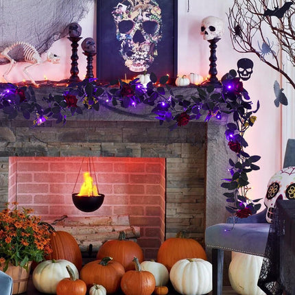 RECUTMS Halloween Flower Garland Decorations Rose Vines with Purple LED Artificial Vine Plants Flowers Wreaths Fake Flower Garland Fake Ivy Real Touch Silk Plastic Leaf for Wedding Home (Red)