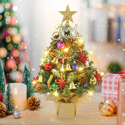 Tabletop Christmas Tree 21.65 Inch Mini Artificial Christmas Tree with 20 LED String Lights, Star Tree, Pine Cones Ornaments, Small Xmas Tree for Holiday Indoor DIY Christmas Decor