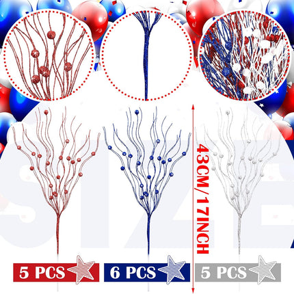 Giegxin 16 Pack Christmas Picks and Sprays, 17 Inches Christmas Berry Stem Branches for Christmas Tree Filler Decorations, Xmas Glittery Twigs Ornaments for Holiday Winter Decor(Red, Blue, White)