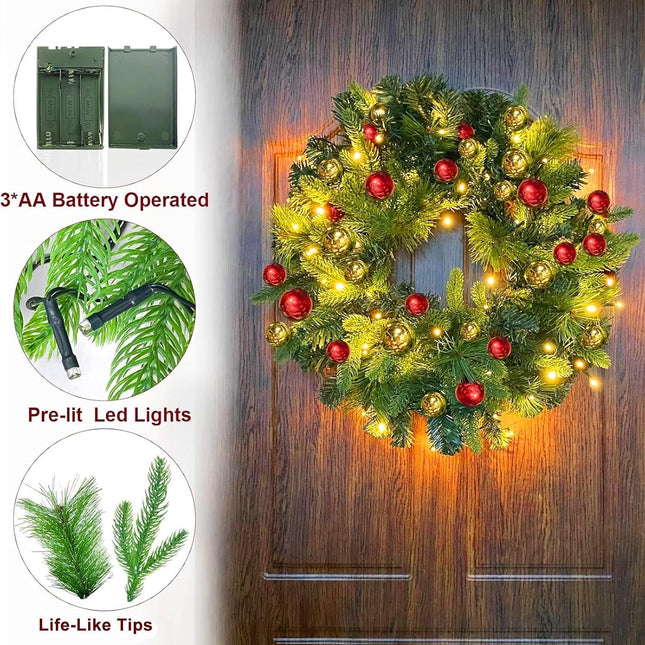 Prelit Christmas Wreath Decor for Front Door Realistic Tips 30 Lights Timer 32 Ball Ornament 160 Branch Pine Needles Battery Operated Artificial Wreath Christmas Decorations Home Indoor Outdoor