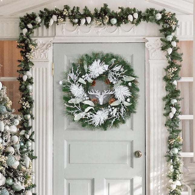 Christmas Wreath - 20" Christmas Wreaths for Front Door with Lights, Christmas Door Wreath with Christmas Reindeer Berries for Home Wall Window Fireplace Indoor Outdoor Decorations