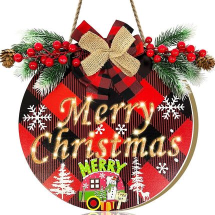 Pre-Lit & Timer Grandeal Christmas Wreaths for Front Door Sign Lighted Hollow Merry Christmas Sign Buffalo Plaid Christmas Decorations Battery Operated Xmas Hanging Window Wall Home Decor Farmhouse