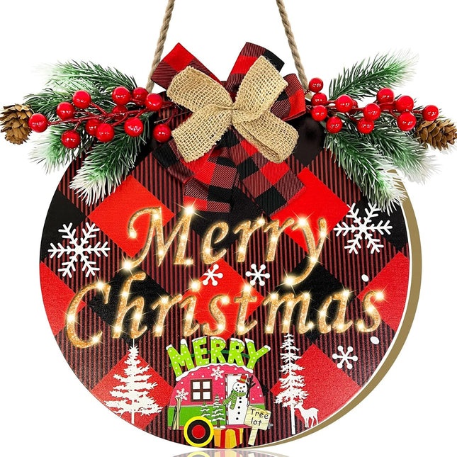 Pre-Lit & Timer Grandeal Christmas Wreaths for Front Door Sign Lighted Hollow Merry Christmas Sign Buffalo Plaid Christmas Decorations Battery Operated Xmas Hanging Window Wall Home Decor Farmhouse