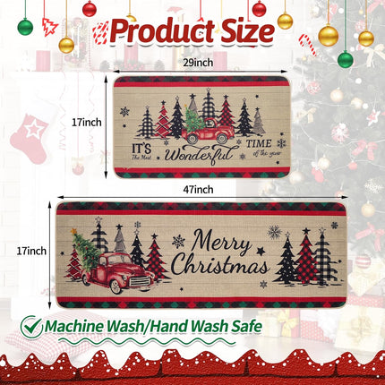 Christmas Kitchen Mats Set of 2, Truck and Tree Plaid Christmas Kitchen Decor Christmas Runner Rug and Mat Set, Low-Profile Kitchen Rugs for Floor(17x29 and 17x47 Inch)