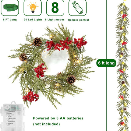 Christmas Garland with Lights, 6 FT Battery Operated Artificial Greenery Garland with Timer, 20 LEDs, Pine Cones and Red Berries for Mantle, Front Door, Stairs Railing Decoration (1 Pack)