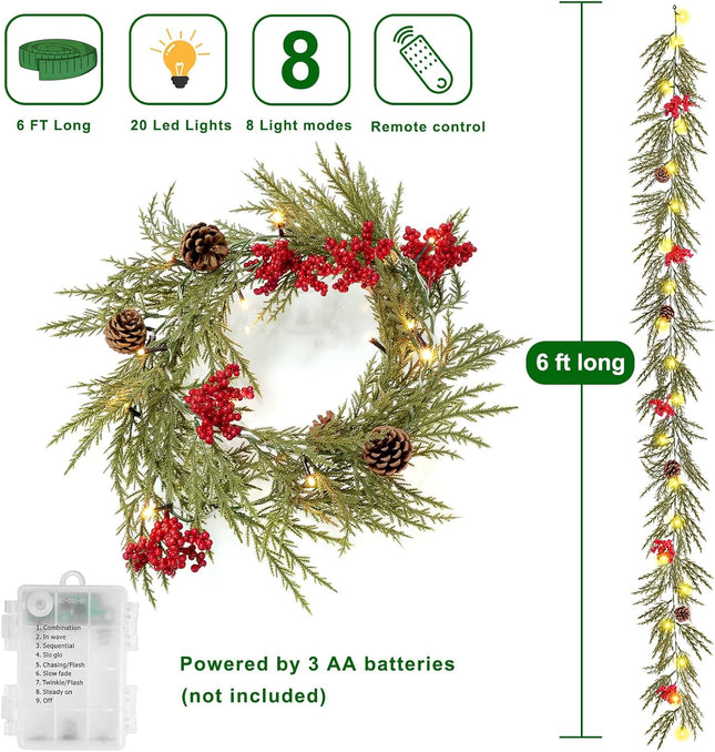 Christmas Garland with Lights, 6 FT Battery Operated Artificial Greenery Garland with Timer, 20 LEDs, Pine Cones and Red Berries for Mantle, Front Door, Stairs Railing Decoration (1 Pack)