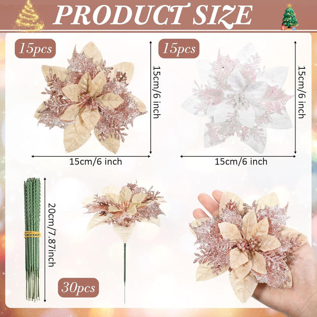 Yunsailing 30 Pcs Poinsettia Christmas Artificial Glitter Flower Xmas Flower Poinsettia for Xmas Tree Artificial Poinsettia Flower for Christmas Tree for Craft Decor (Rose Gold, Silvery White)