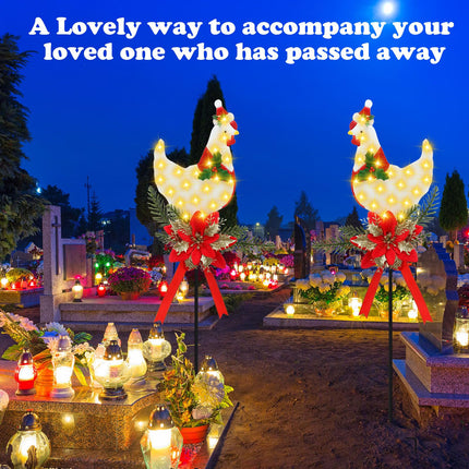 2 Pack Solar Christmas Stake Lights, LED Xmas Chicken Metal Stake Lights with Poinsettia, Cemetery Grave Decorations, Christmas Pathway Lights for Garden Yard Lawn Outside, 32 Inches