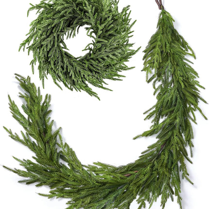 Real Touch Norfolk Pine Christmas Garland and Wreath Set, 24IN Green Wreath and Christmas Garland Artificial Faux Greenery Norfolk Pine for Holiday Indoor Mantle Decor (6FT - 24IN)