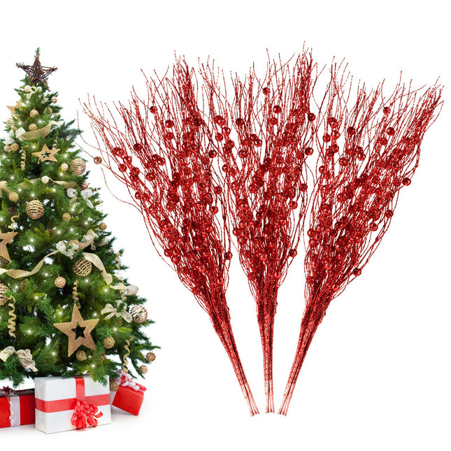 Christmas Artificial Glitter Berry Stem Decorations Decorative Bead Sticks Xmas Picks Glittery Twigs Branches for Christmas Tree Wreath Vase Decor Party Ornaments Red 24 PCS