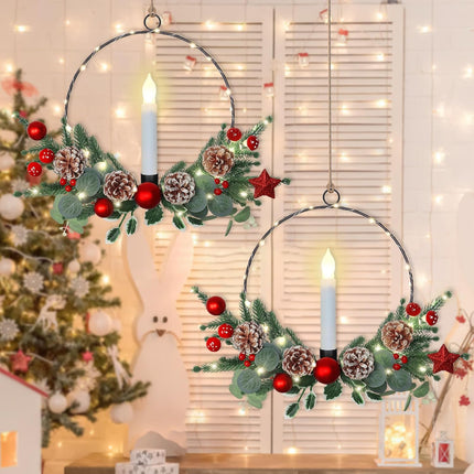 Weldomcor 2Pack Christmas Wreath with LED Taper Candle Lights Pine Cones Berries, Artificial Plant Hoop Wreath Winter Xmas Decorations for Front Door Window Fireplace Home Wall Hanging Holiday Party