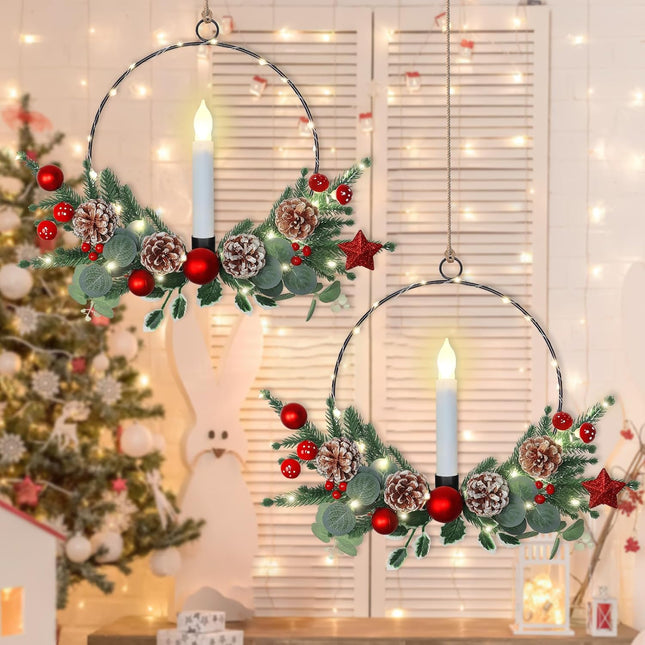 Weldomcor 2Pack Christmas Wreath with LED Taper Candle Lights Pine Cones Berries, Artificial Plant Hoop Wreath Winter Xmas Decorations for Front Door Window Fireplace Home Wall Hanging Holiday Party
