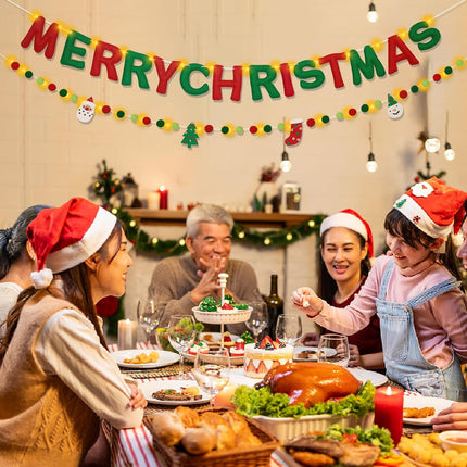 Pre-Strung Merry Christmas Banner, Christmas Felt Fabric Banner(with Lights), Red and Green Felt Ball Garland Reusable Christmas Decorations Indoor Outdoor, Fun Xmas Party Supplies