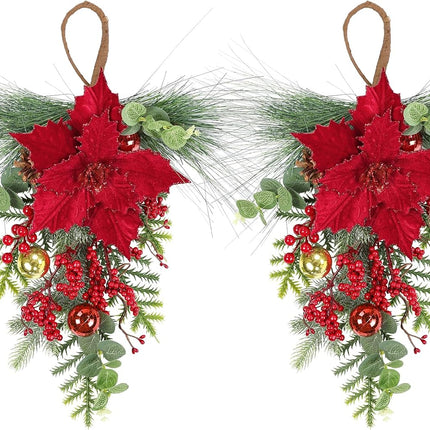 SHACOS 2Pcs Christmas Teardrop Swags with Red Poinsettia Berries, 20inch Artificial Norfolk Greenery Cedar Pine Needle Eucalyptus Xmas Balls Pine Cones Xmas Door Swag Wreath for Front Door Fireplace
