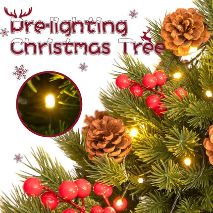 2 Pack 24 in Realistic Feel Thick Prelit Artificial Christmas Tree Tabletop Decorations Timer Battery Operated Pine Cones Red Berries Christmas Indoor Home Decoration