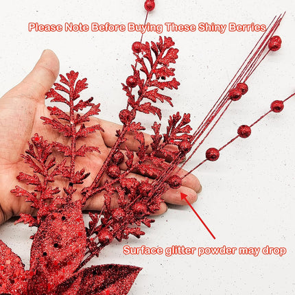Artificial Glitter Berry Stem Ornaments, 18 Pack 17.5 Inch Red Fake Christmas Picks Decorations with Poinsettia Christmas Flowers,Twigs Bead Sticks for Christmas Tree Wedding Small Vase Wreath Decor