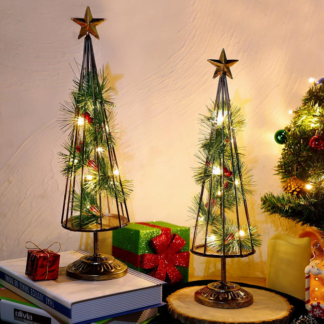 Glintoper Christmas Table Decorations, 2 Pack Lighted Xmas Tree with Golden Star, Battery Operated with LED Lights, Light Up Tabletop Xmas Tree for Holiday Party Desk Home Mantel Display Ornament