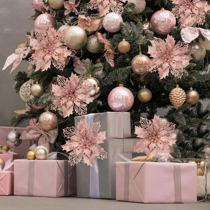 Poinsettia Christmas Decorations Flowers -12Pcs Artificial Poinsettia Christmas Tree Ornaments Glitter for Xmas Year Wedding Party Wreath DIY Garland Decor (Rose Gold)