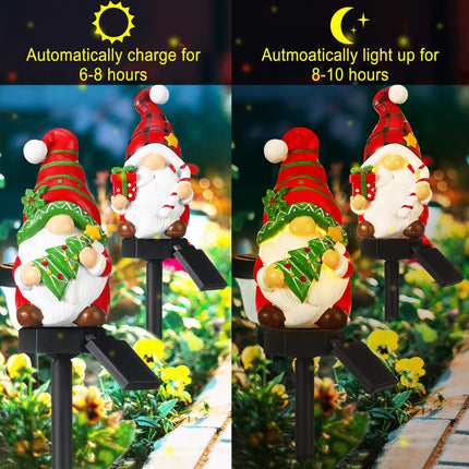 2 Pack Christmas Gnome Solar Light Waterproof Gnome Garden Stakes for Outside Xmas Gnome Statue LED Solar Light for Winter Home Patio Yard Lawn Pathway Walkway Xmas Outdoor Decoration