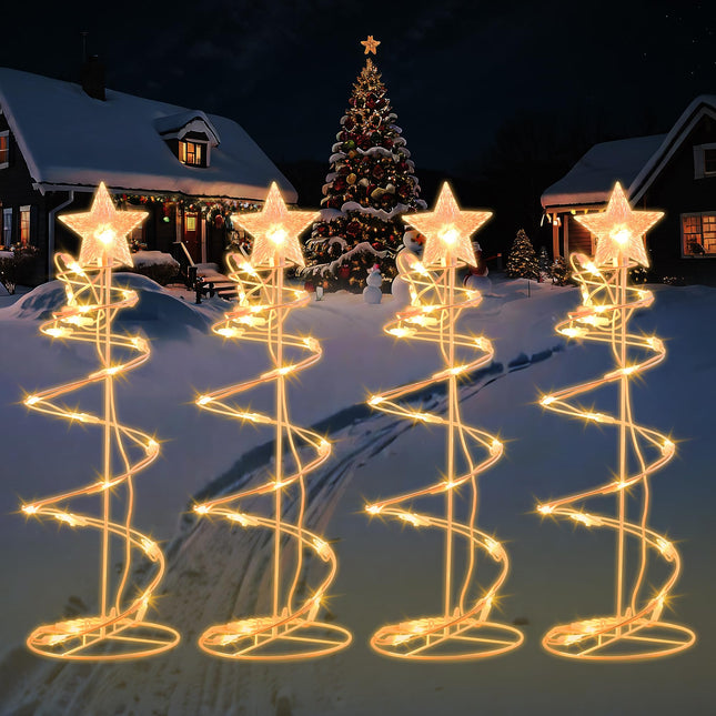 Spiral Christmas Tree Outdoor Decorations, 4 Pack Spiral Christmas Tree with Star Topper, Waterproof Lighted Spiraling Tree Pathway Lights for Indoor Outdoor Xmas Holiday Decor, Warm White