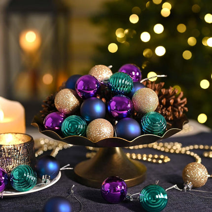 Valery Madelyn 1.57 Inches Small Christmas Tree Decorations Ornament Set for Fall Halloween, 24ct Peacock Purple Blue Shatterproof Christmas Ball Ornaments Bulk, Hanging Decor for Xmas Holiday Party