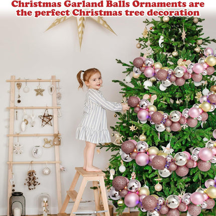 2 Pcs Christmas Balls Garland 6 ft Hanging Ornaments Xmas Balls Decorations with 2 Pcs 10 Feet LED Lights for Home Indoor Outdoor Tree Mantel Wedding Decoration(Pink, Rose Gold, Pink, Rose Gold)