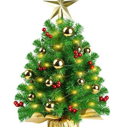 20" Mini Christmas Tree, Artificial Prelit Small Christmas Tree, Tabletop Christmas Tree Decorations with Warm Lights, Treetop Star, Gold Ornaments, Red Berries and Cloth Bag Base