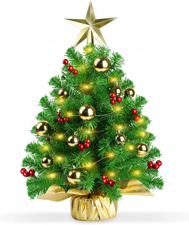 20" Mini Christmas Tree, Artificial Prelit Small Christmas Tree, Tabletop Christmas Tree Decorations with Warm Lights, Treetop Star, Gold Ornaments, Red Berries and Cloth Bag Base