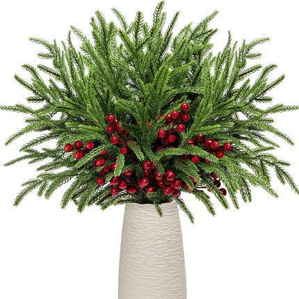 Norfolk Pine Branches Red Berry Stems 17" Artificial Christmas Greenery Picks Fake Pine Needles with Holly Berries for Xmas Tree Filler Decorations Festival Holiday Vase DIY Garland Craft (8, Green)