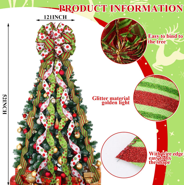 Tigeen Christmas Tree Bow Topper 52 x 12 Inch Red Green White Polka Dot Large Toppers Bow Present Bow with Glitter Streamers for Wreaths Xmas Party Holiday Festival Decorations